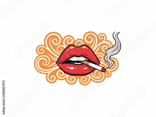 Red lips smoking cigarette with stylized smoke on white background