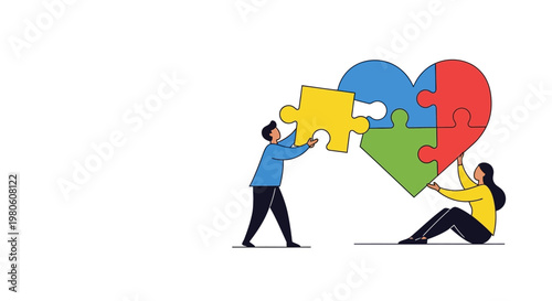 A man and a woman putting together a colorful heart puzzle.