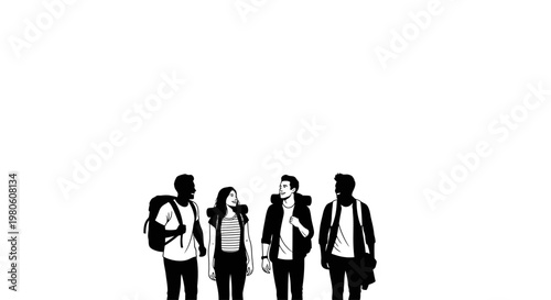 Group of four young travelers walking together with backpacks.