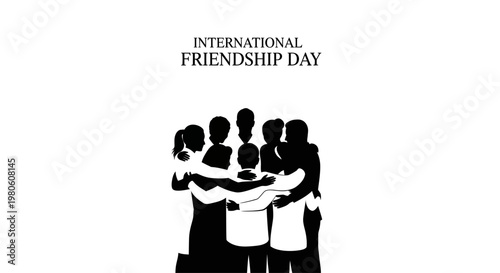 Silhouette illustration of a group of friends standing in a circle hugging.