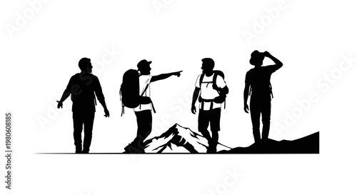 Silhouette of a group of four hikers trekking in the mountains.
