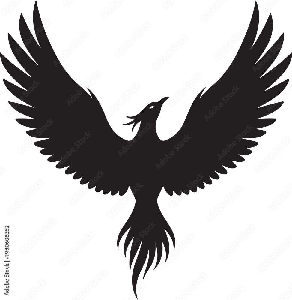 Obraz premium Black silhouette of a bird with wings spread white background