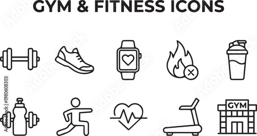 Gym and fitness icons set, minimalist workout line art vector collection, 10 exercise and bodybuilding symbols for health and wellness apps