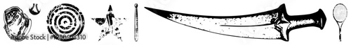 Collection of stylized sports equipment and symbols in distressed, including baseball glove, target, star, baton, dagger, tennis racket graphic set for design projects.