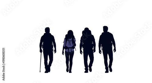 Silhouette of a group of four hikers trekking together.