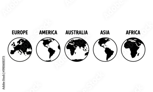 World map globe icons set with continent labels for travel design