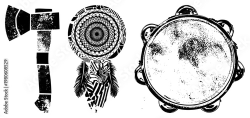 Three cultural symbols with textured blade, dreamcatcher with geometric web and feathers, tambourine with jingles all rendered in halftone vector style.