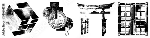 Stylized black and white vector fragmented cube, worn US quarter, traditional torii shrine gate, grid based floor plan layout. Flat graphic design with halftone texture.