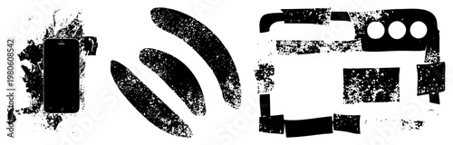 Digital device showing smartphone, wireless waves, and tablet, all with distressed texture, minimalist tech symbols, isolated vector graphics.