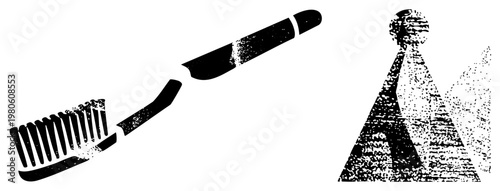 Black and white halftone toothbrush and razor graphic, vector illustration, bathroom hygiene tools, isolated cutout, medical grooming symbols.