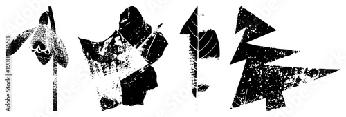 Stylized black and white nature flower, leaf, tree rendered with distressed stencil texture, ideal for graphic design, print, or digital art projects.