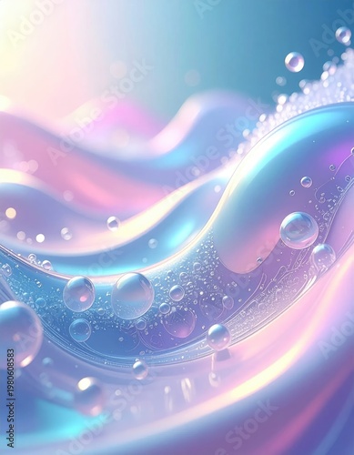 Iridescent swirls of liquid create a mesmerizing abstract composition with floating bubbles.