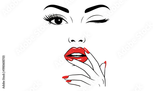 Woman face winking with red lips and manicured hand illustration