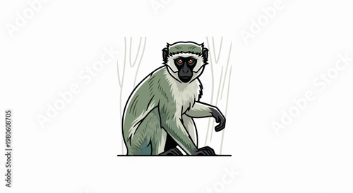 Cartoon monkey sits looking forward, branches behind