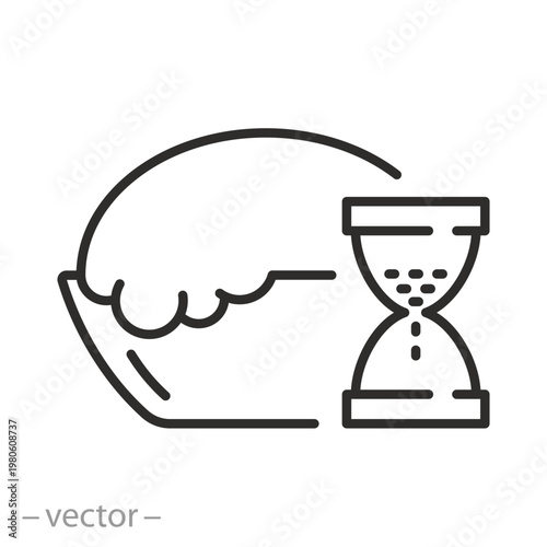 the dough is rising icon, homemade bakery process, kneading dough and hourglass, thin line symbol, editable stroke vector illustration