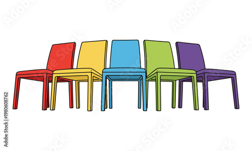 Multi colored modern chairs in a row isolated on white