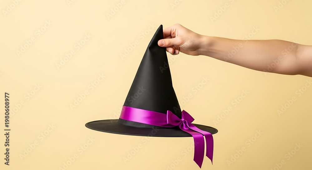 Fototapeta premium hand holding a black Halloween witch hat
