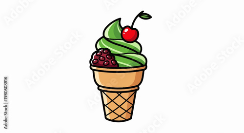 A delightful green soft serve ice cream cone, topped with red beans and a bright cherry