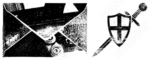 Retro halftone envelope with postage stamp, knightly shield and sword, vector graphic,, stylized, isolated symbols for design.