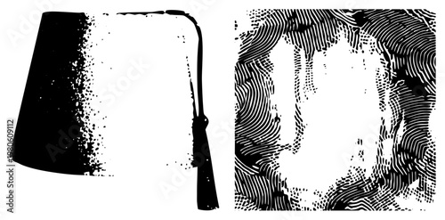 Traditional Ottoman style fez hat with tassel, halftone texture, graphic silhouette, cultural headwear, vector cutout, isolated design.