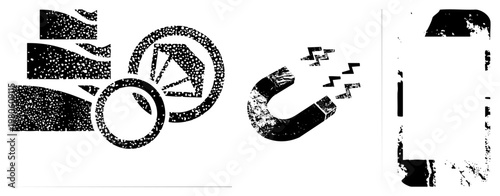 Stylized halftone graphic elements featuring geometric shapes, magnetic field, and fragmented forms, rendered in black and white with distressed texture, isolated on transparent background.