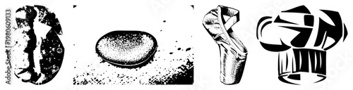 Coffee bean texture, roasted coffee bean, saxophone music, chef hat symbol, halftone style, black and white vector graphic, isolated elements.