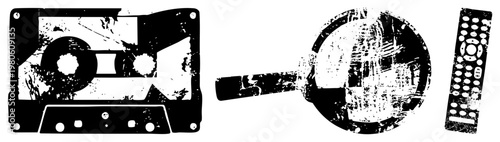 Retro tech symbols including cassette, headphones, remote, distressed texture, analog nostalgia, black and white vector art.
