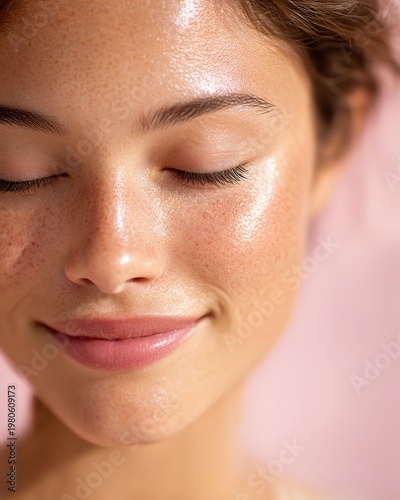 A serene woman with glowing skin smiling gently.real skin from minimal beauty routine,