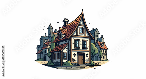 A charming, storybook-style village scene with a central, multi-story house