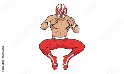 Masked Mexican Wrestler Luchador Jumping in Action Pose