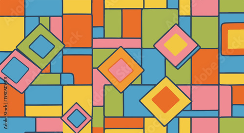 Vibrant geometric mosaic with nested squares and rounded rectangles in bold colors
