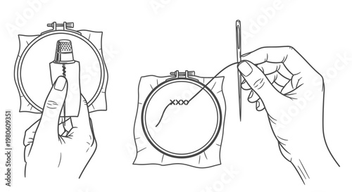 Cross Stitch Embroidery Process Illustration with Needle and Hoop