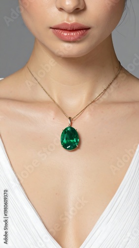 A woman wearing a green pendant necklace and a white top