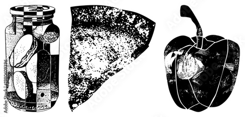 Vintage halftone illustration of preserved food jar, liver organ, and bell pepper, rendered in high contrast dot, medical or culinary graphic style.