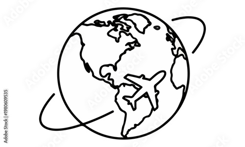 Airplane Flying Over Earth Globe Icon Line Art