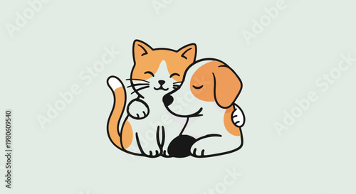 Two adorable cartoon pets, a cat and dog, share a loving hug