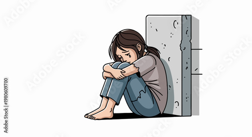 A sad, barefoot person curls up against a textured concrete wall, tears streaming down their face