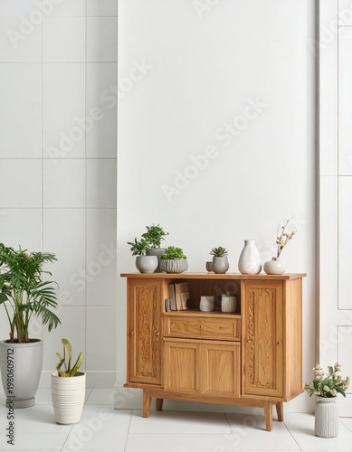 A modern interior showcases a stylish wooden sideboard adorned with potted plants and decorative vases, creating a serene and inviting atmosphere.