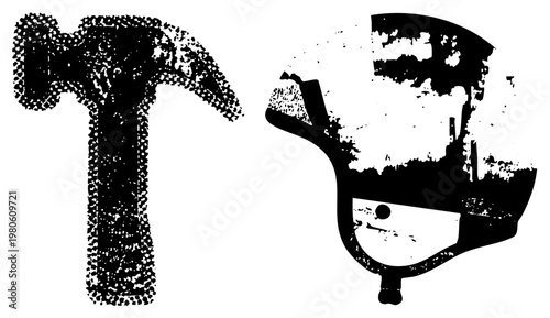 Black and white halftone hammer and hard hat graphic, construction tools, worker safety gear, gritty vector design, urban labor symbols.