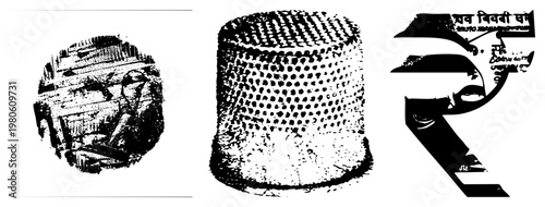 Circular abstract, cylindrical mesh texture, stylized Indian Rupee symbol with text, all rendered in halftone dot style, isolated vector art.
