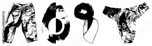 Vector art of stylized clothing items with halftone textures, including ripped jeans, circular abstract shape, draped, and torn t shirt all in with gritty, artistic effects.