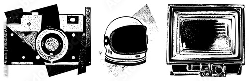 Retro tech trio film camera with lens, astronaut helmet, CRT monitor all rendered in halftone style. Classic analog devices isolated on transparent background.