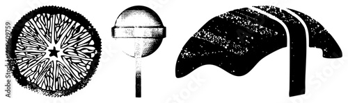 Three stylized vector forms citrus slice, dome lamp, curved flag rendered in black halftone with grainy texture, flat design aesthetic.