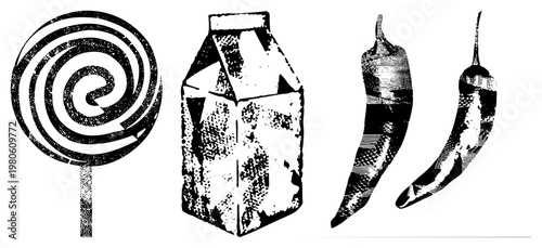 Vintage style halftone print of sweet treat, dairy container, and spicy peppers, graphic, stylized food, retro poster elements.