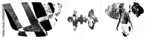 Black and white graphic shapes with halftone texture, abstract composition, vector art, stylized forms, graphic design element, isolated, modern minimalist aesthetic.