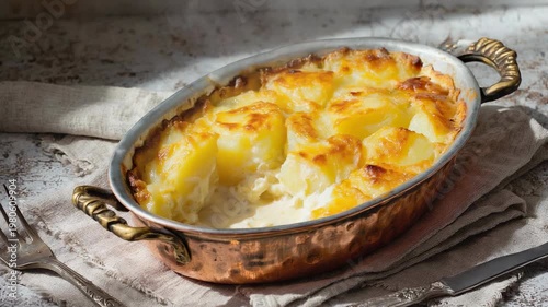Potato gratin baked in rustic metal dish