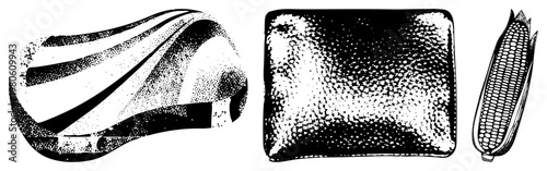 Black and white halftone, organic corn cob, stylized shapes, vector graphic, isolated elements, art deco texture, grainy effect.