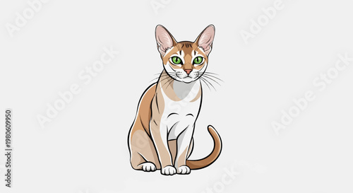 A cartoon of a sleek, short-haired cat with large green eyes and pointed ears