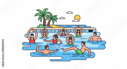 People doing water aerobics in a pool with palm trees and sun