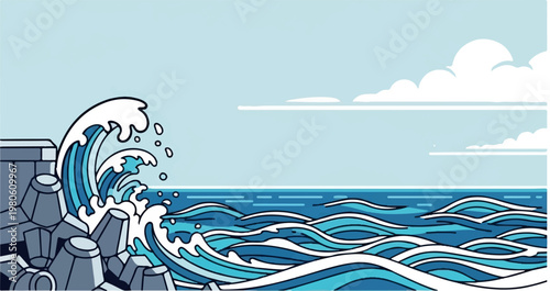 Dynamic ocean waves crash against a concrete barrier under a serene sky